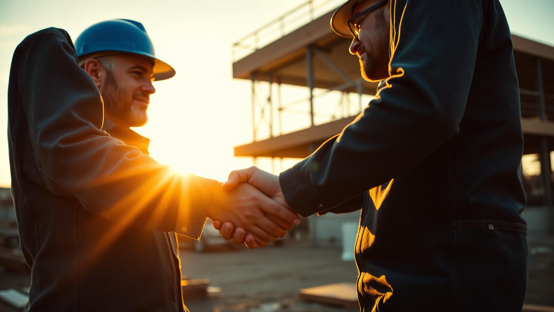 Two business owners shaking hands on a Texas construction site