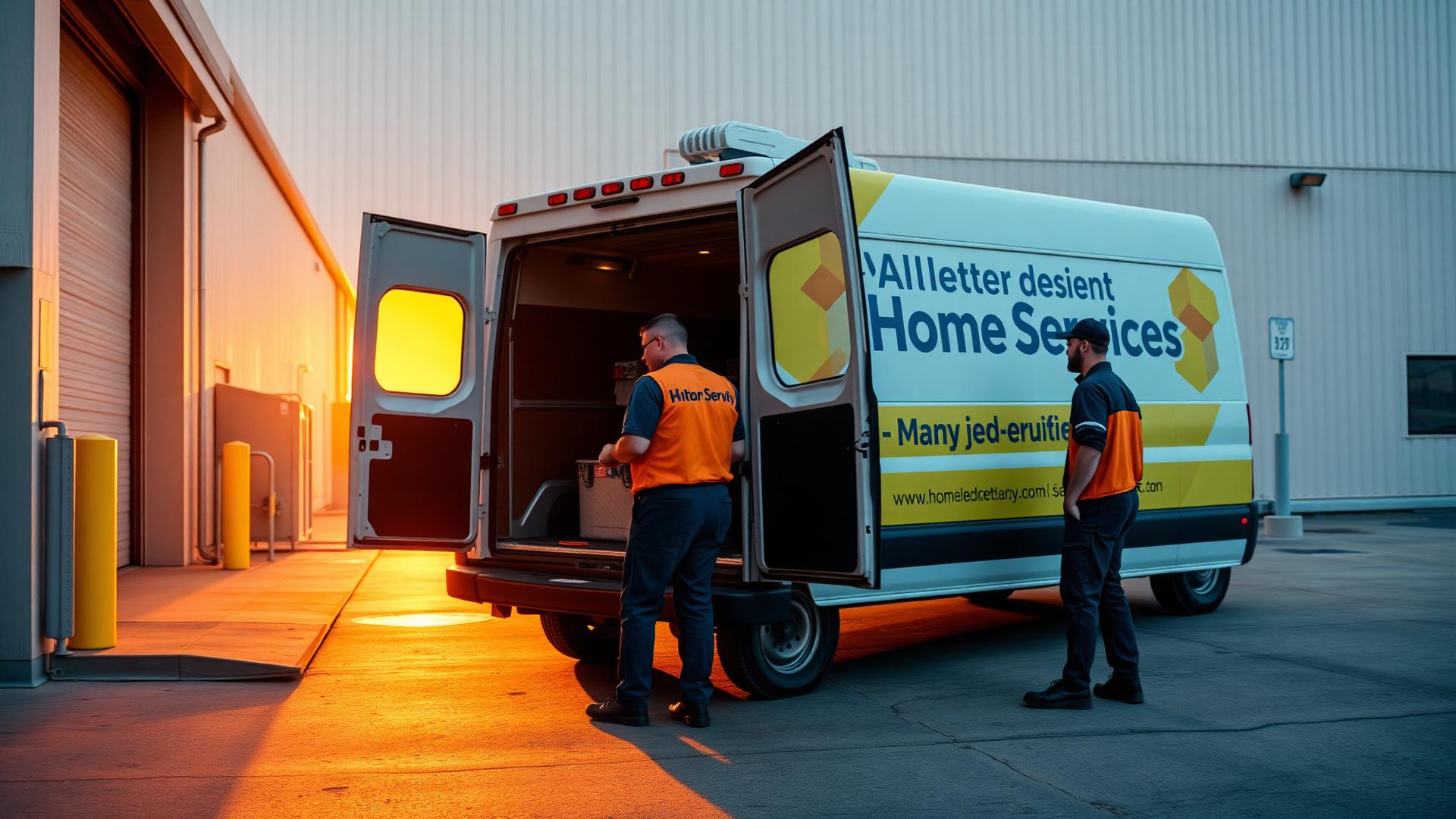 A home services crew loading their van at dawn