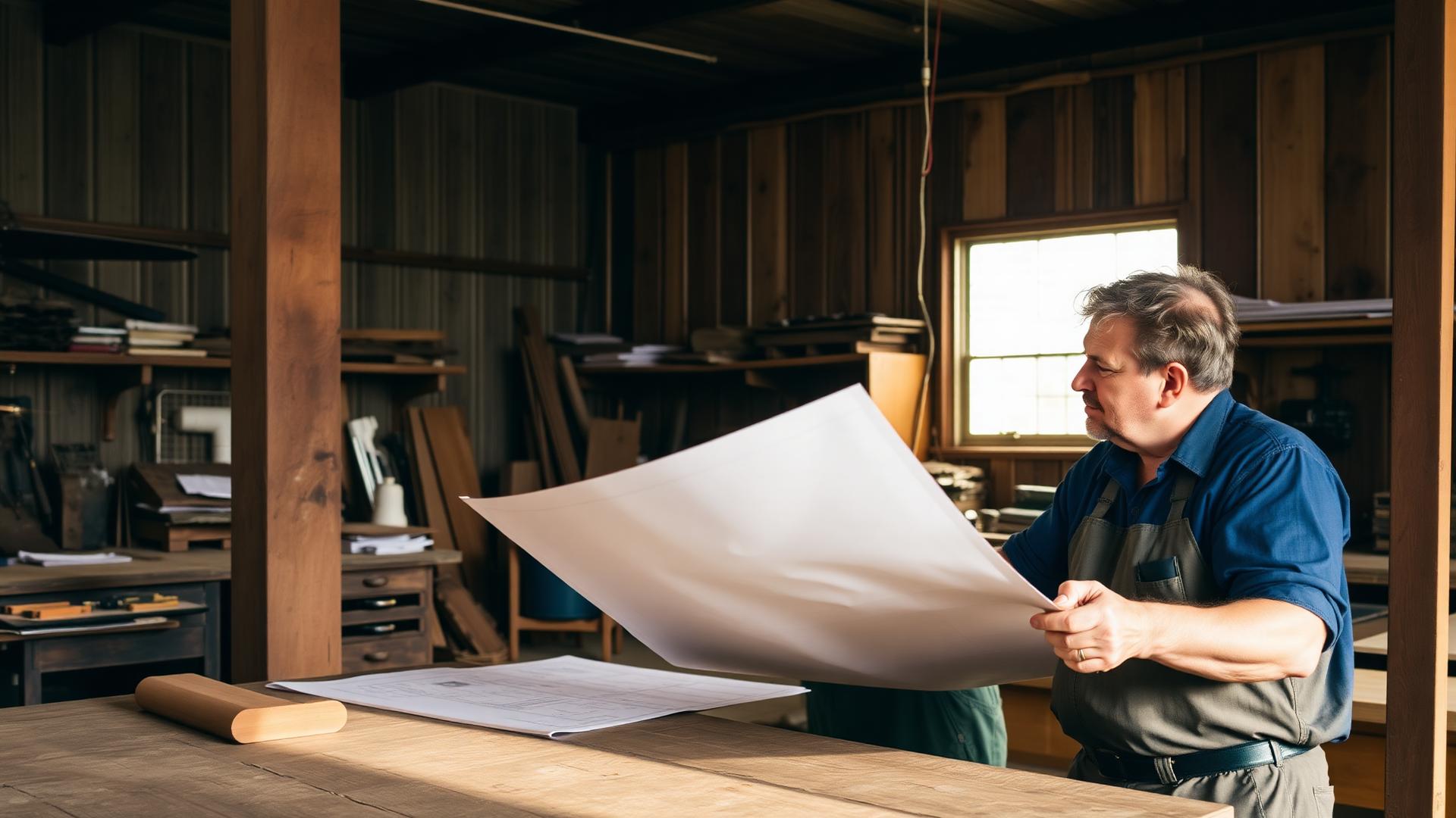 A Texas small business owner reviewing blueprints with his son