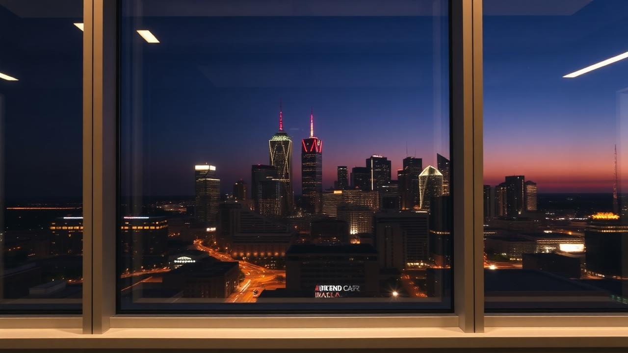 Dallas skyline at dusk through an office window