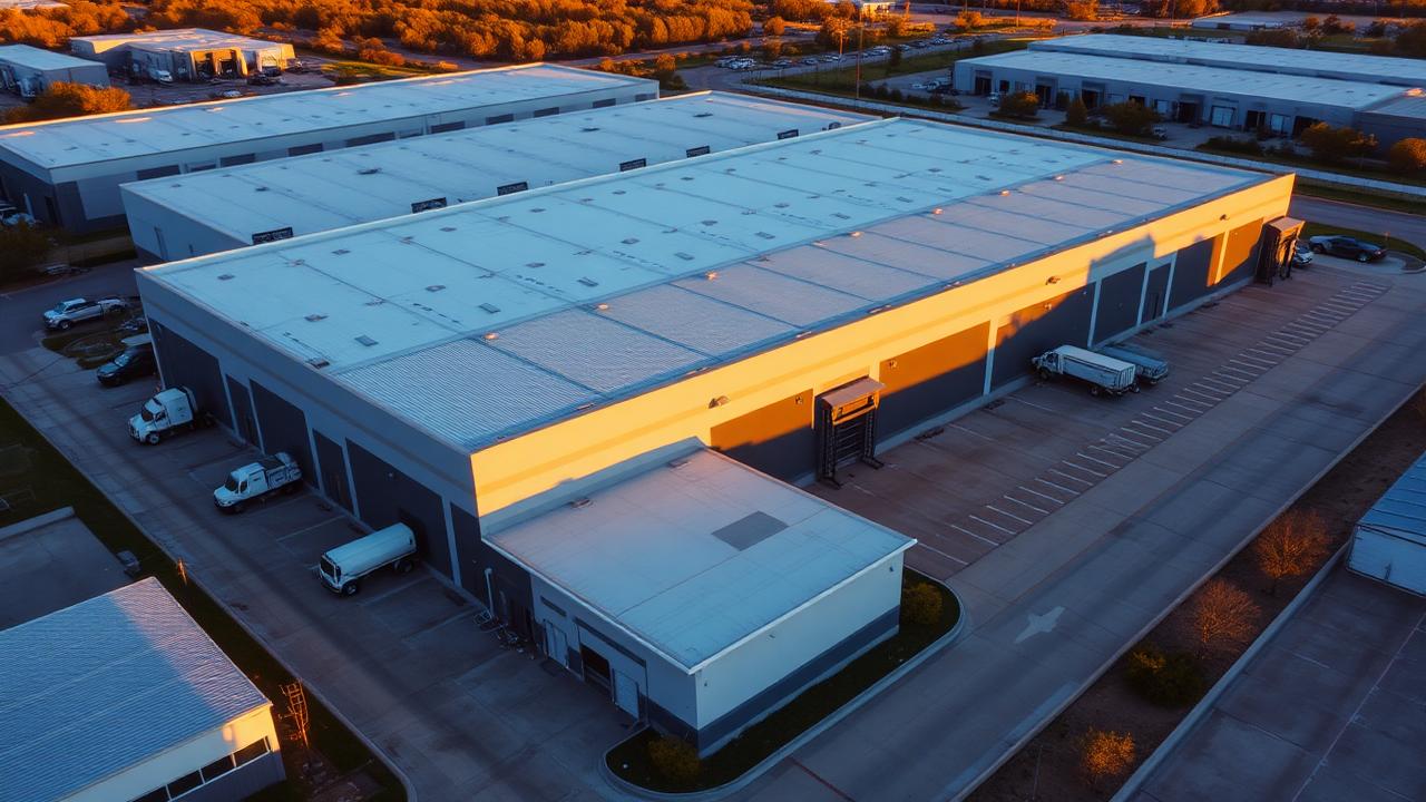 Aerial view of Texas industrial warehouse park at golden hour